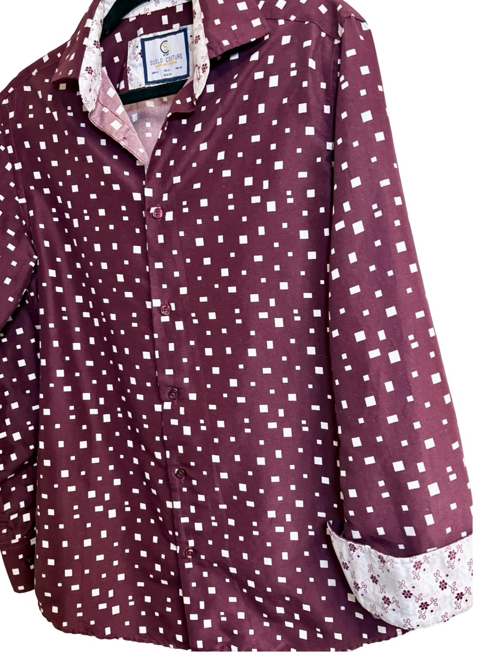 Suslo Couture Burgundy Square Print Slim Fit Shirt M - Picture 4 of 13